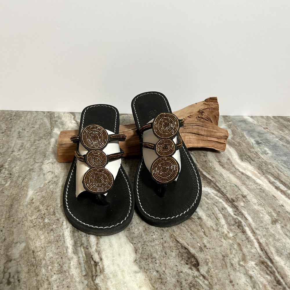 Vera Pelle Leather Hand Beaded Flat Sandals Black Multicolor Size 37 US 6.5